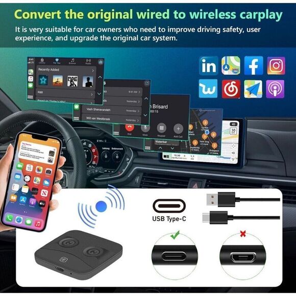 Wireless AI Box Carplay Adapter for Factory Wired CarPlay USB For iPhone Android - Picture 4 of 11